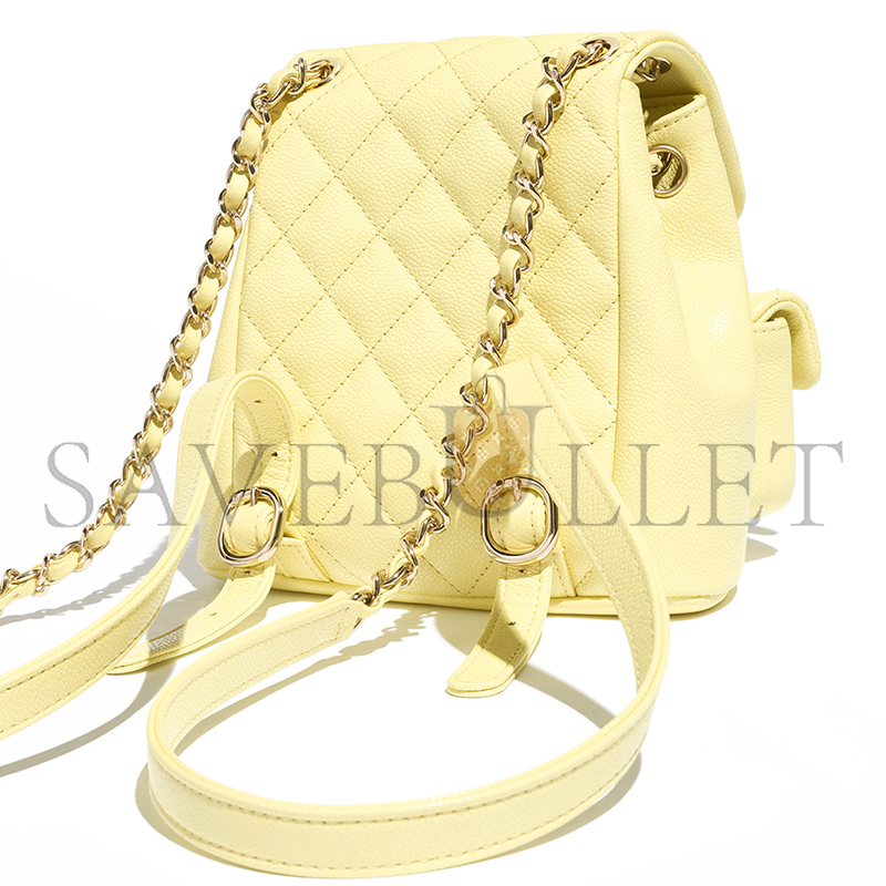 Ch*el small backpack grained calfskin & gold-tone metal light yellow as3787 b16985 (17.5*16.5*10cm)